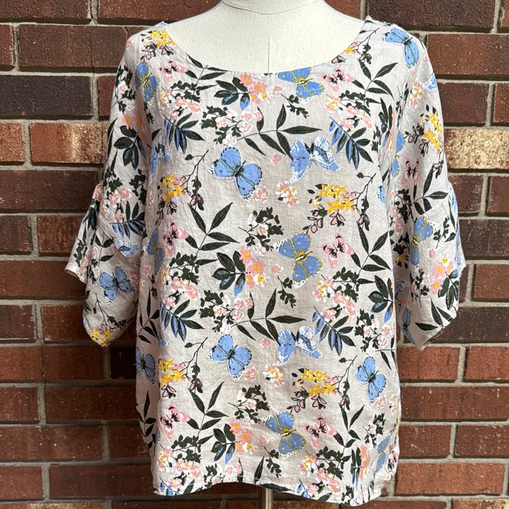 Viola Borghi Floral and Butterfly Print Linen Top Size Large